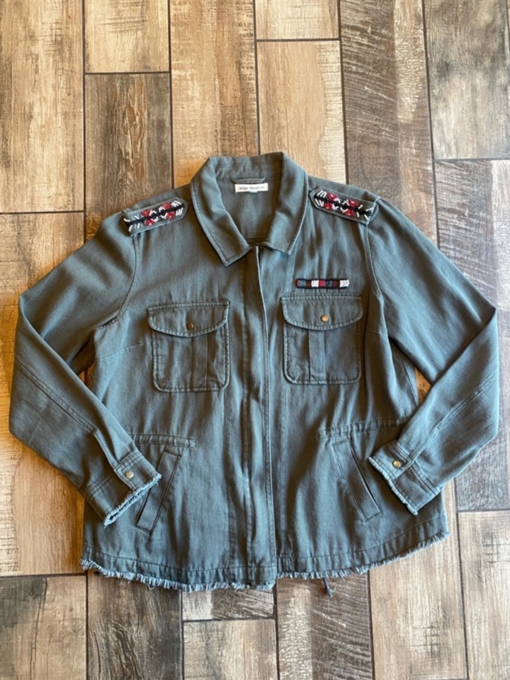 Indigo Thread Co Olive Green Military-Style Embellished Jacket